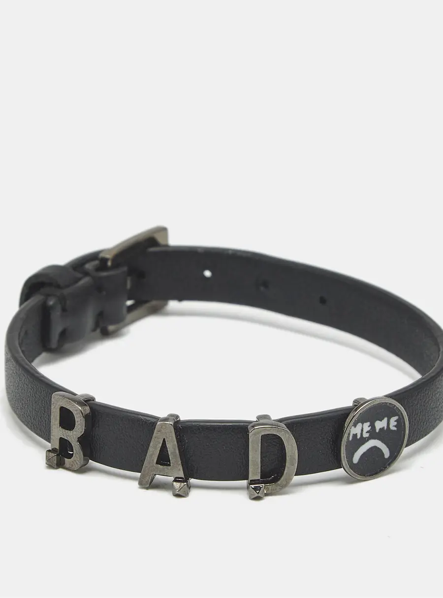 Valentino Rockstud Black Leather Enamel Letter Charm Gunmetal Tone Bracelet
