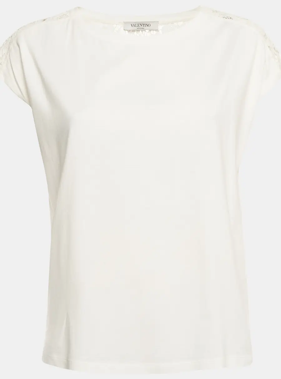 Valentino White Floral Lace and Jersey Cap Sleeve T-Shirt M
