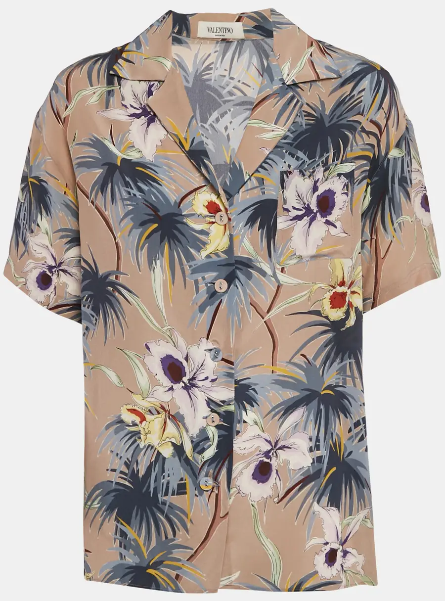 Valentino Brown/Grey Hawaiian Print Silk Crepe Short Sleeve Shirt M