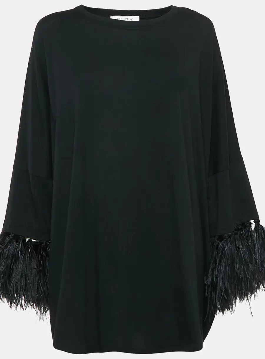 Valentino Black Cotton Feather Trimmed Tunic Top XS