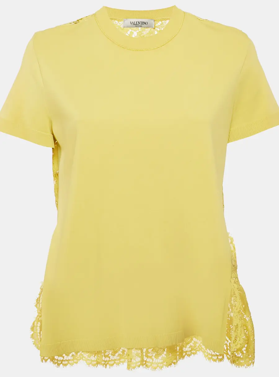 Valentino Yellow Lace and Jersey Crew Neck Top M