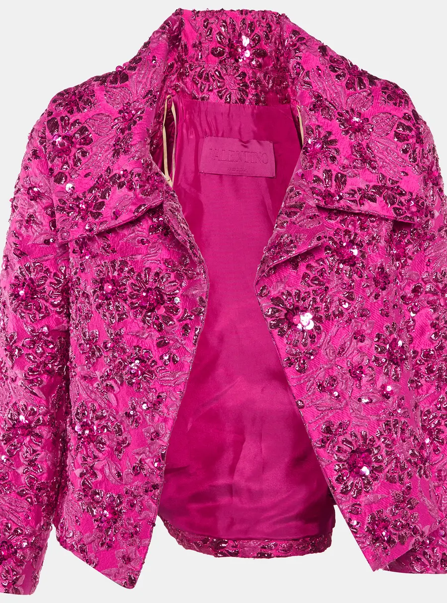 Valentino Pink Sequin Embellished Brocade Cropped Jacket S