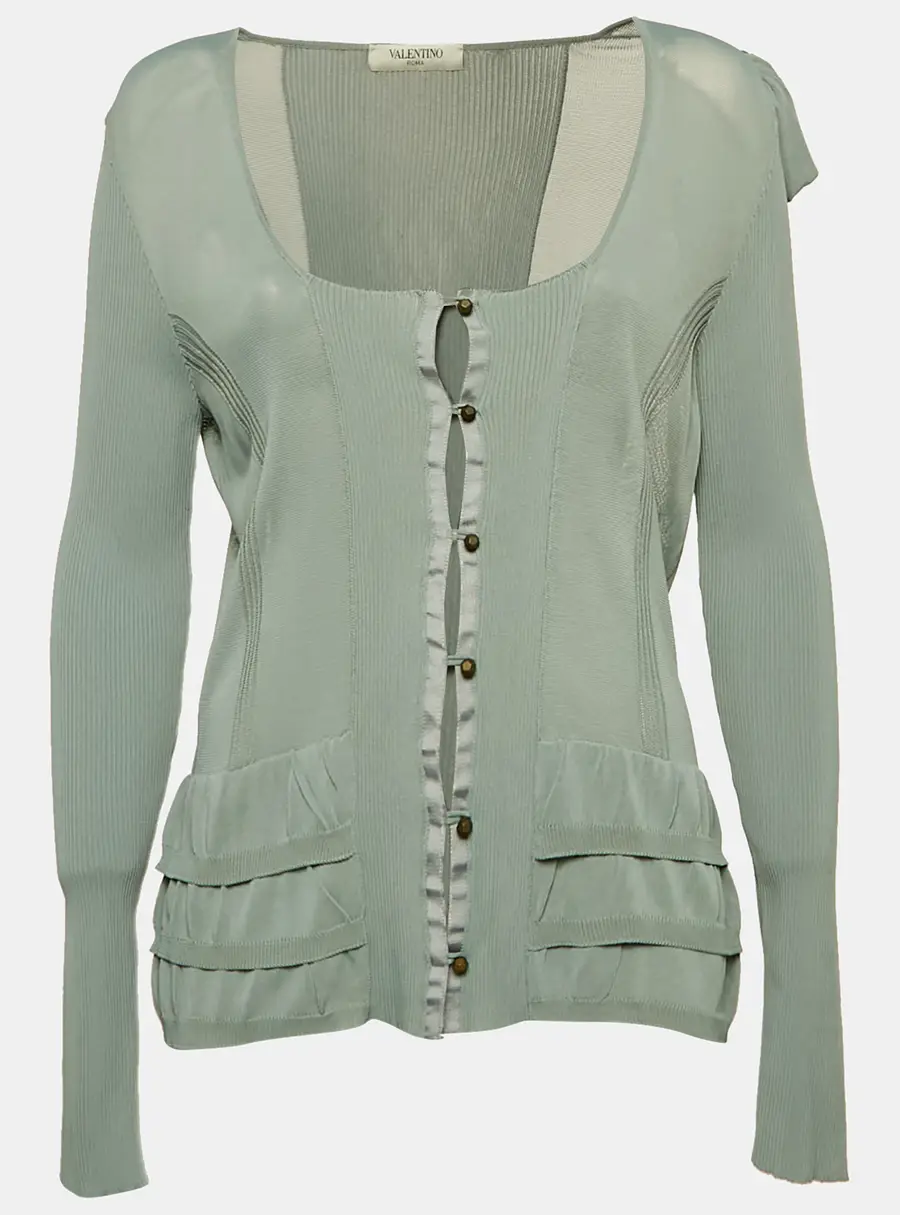Valentino Blue Jersey Ruffled Button Front Cardigan M