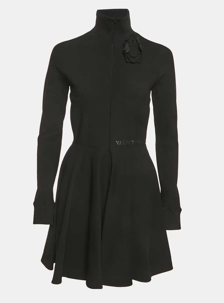Valentino Black Jersey Floral Applique Mini Dress M