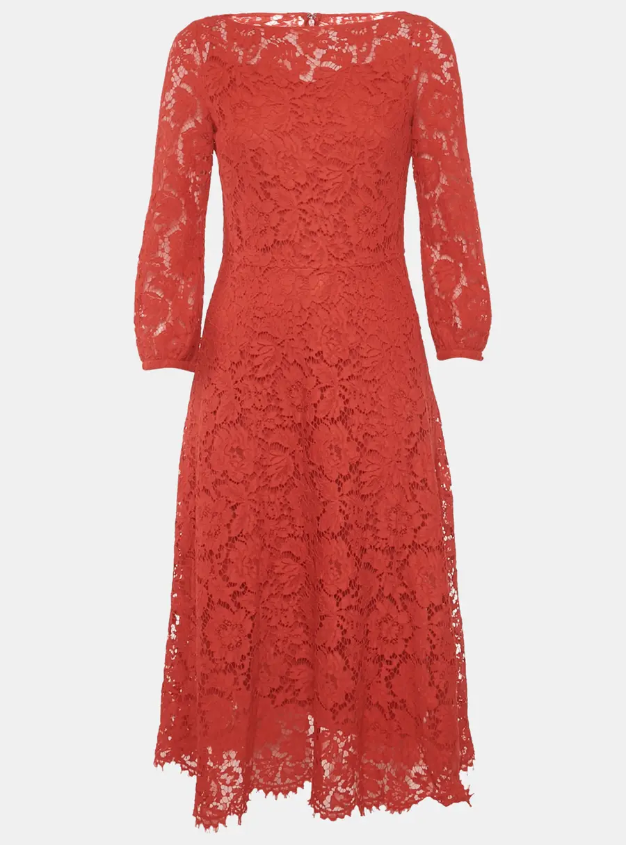 Valentino Red Corded Lace Long Sleeve Midi Dress M