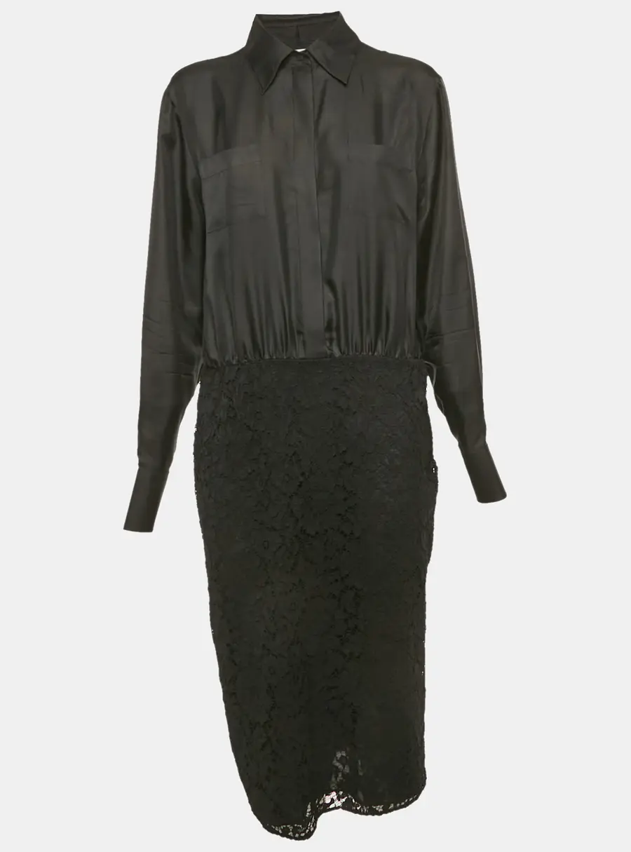 Valentino Black Lace and Satin Long Sleeve Midi Dress L