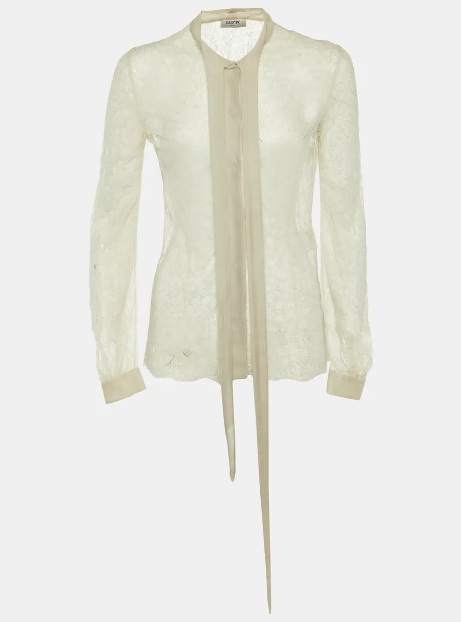 Valentino Pale Grey Lace Neck Tie Sheer Blouse S