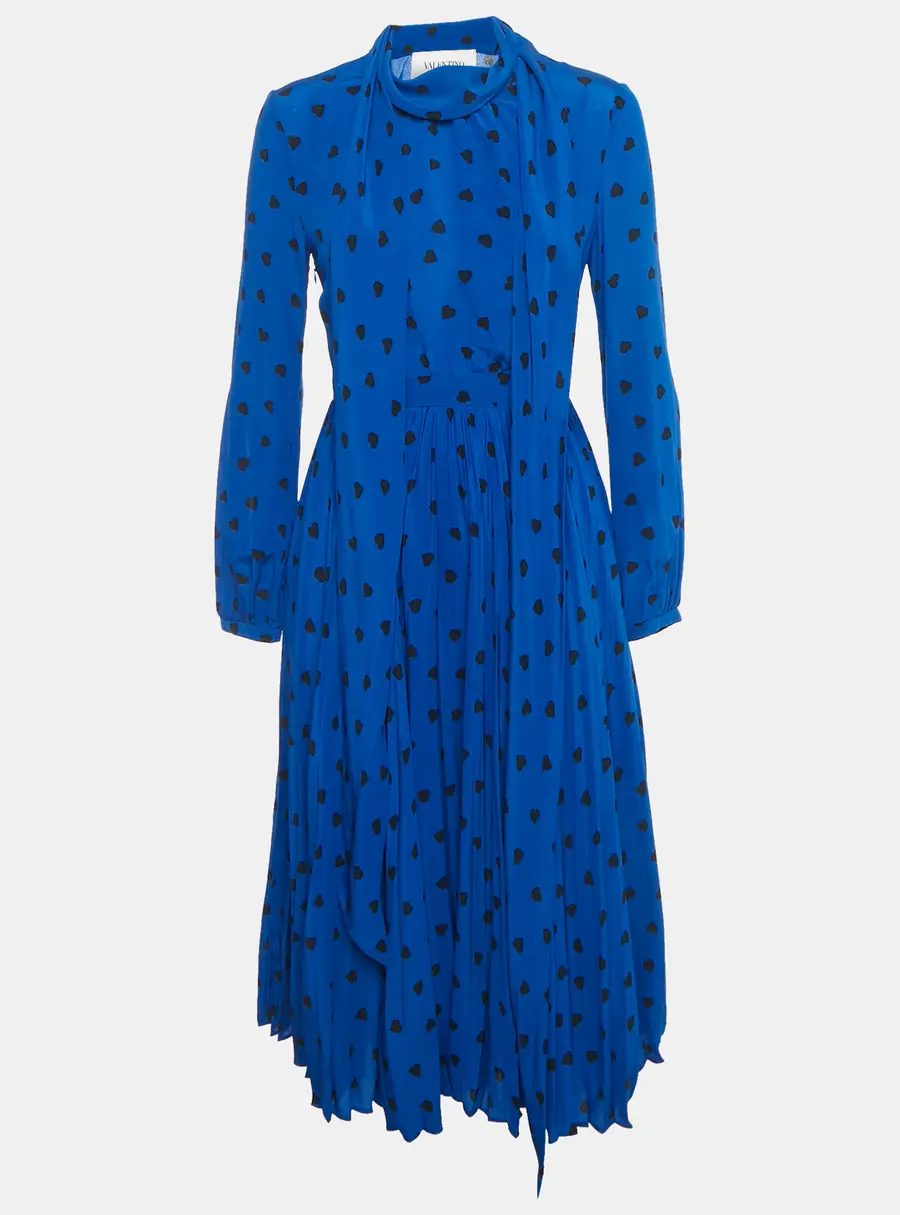 Valentino Blue Heart Print Silk Pleated Midi Dress S