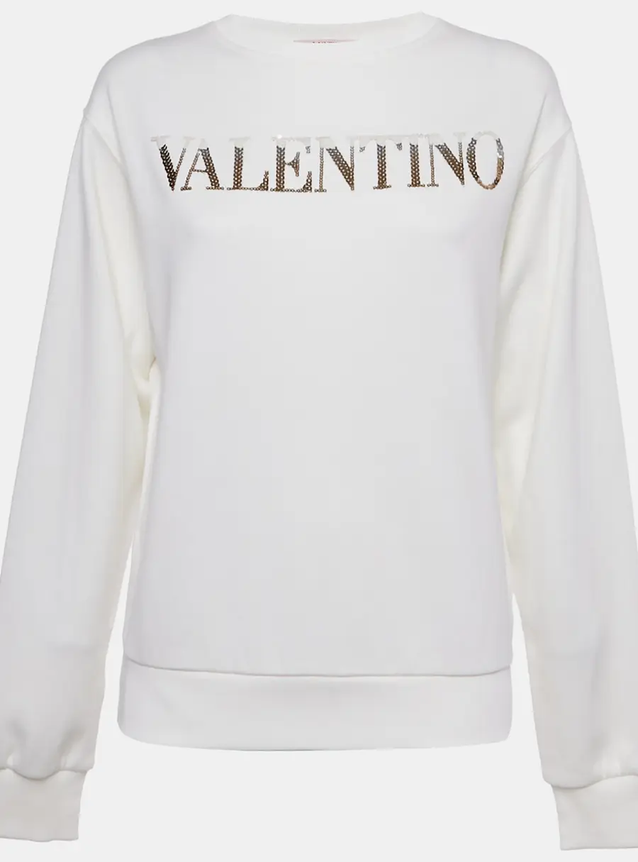 Valentino Off White Sequin Logo Cotton Sweatshirt M