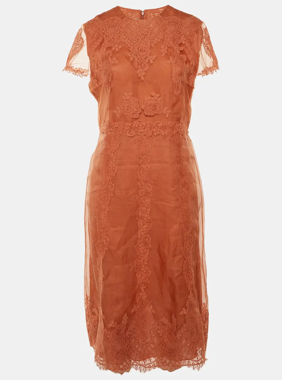 Valentino Orange Lace & Organza Midi Dress M