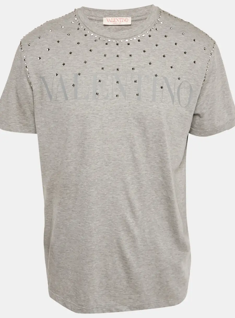 Valentino Grey Logo Printed Cotton nit Embellished Detail T-Shirt L