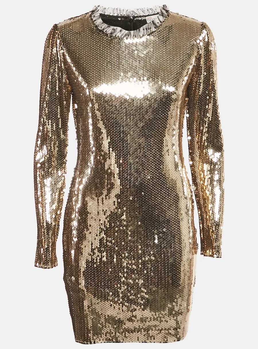 Valentino Gold Sequin Jersey Long Sleeve Mini Dress XL