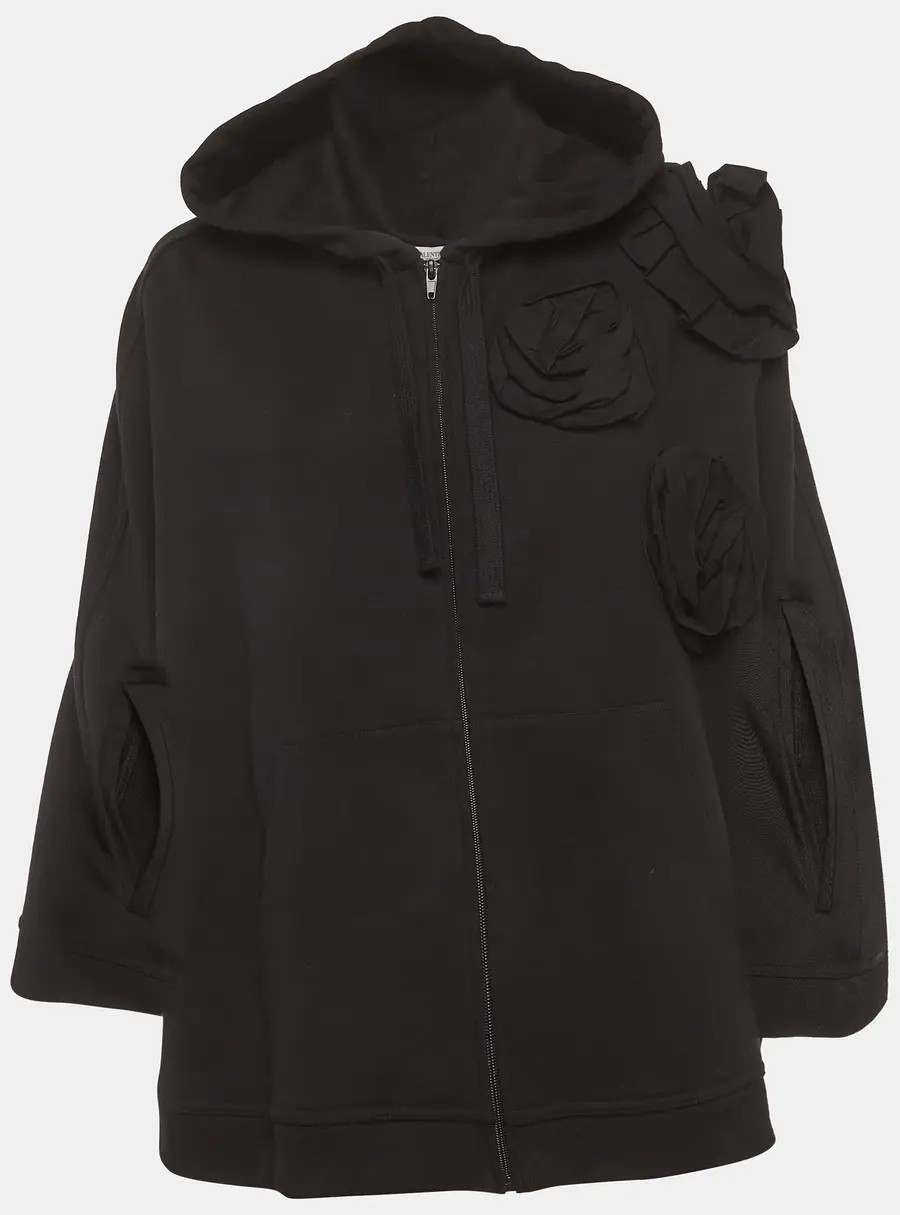 Valentino Black Cotton Rose Detail Cape Jacket XS