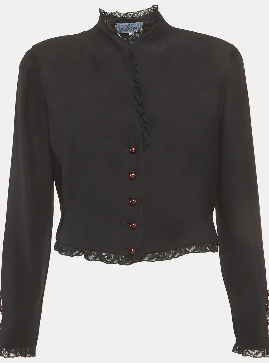 Valentino Vintage Black Crepe Lace Trim Cropped Jacket XL