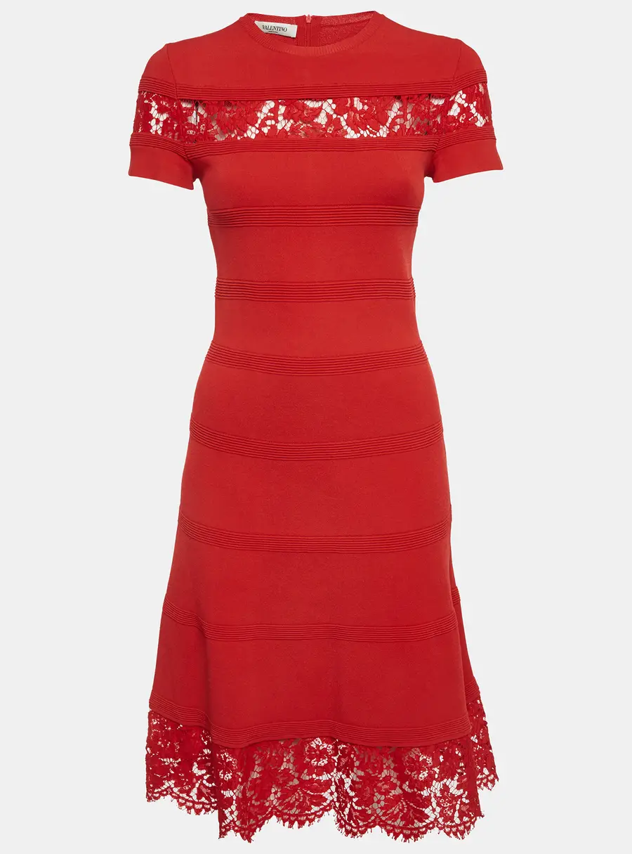 Valentino Red Lace Trim Stretch Knit Mini Dress S
