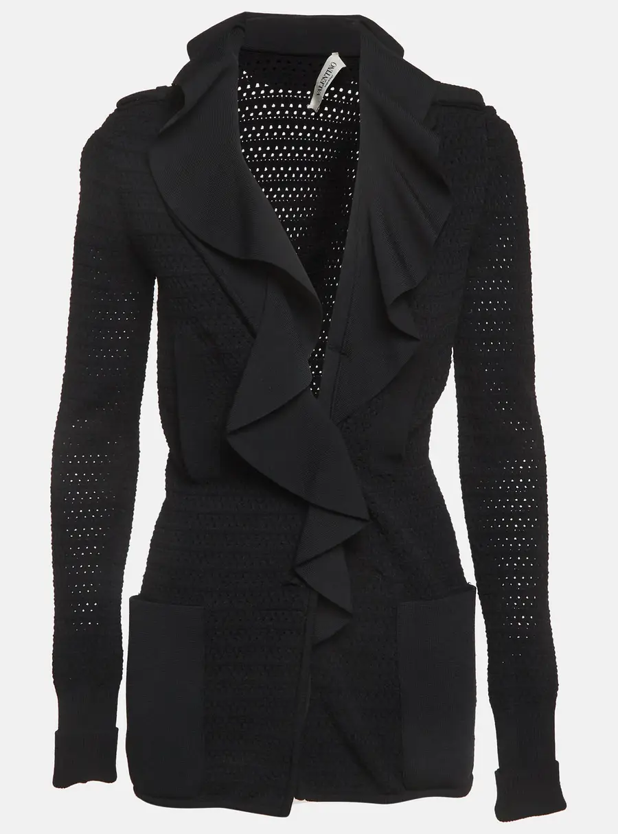 Valentino Black Knit Ruffled Collar Short Coat S