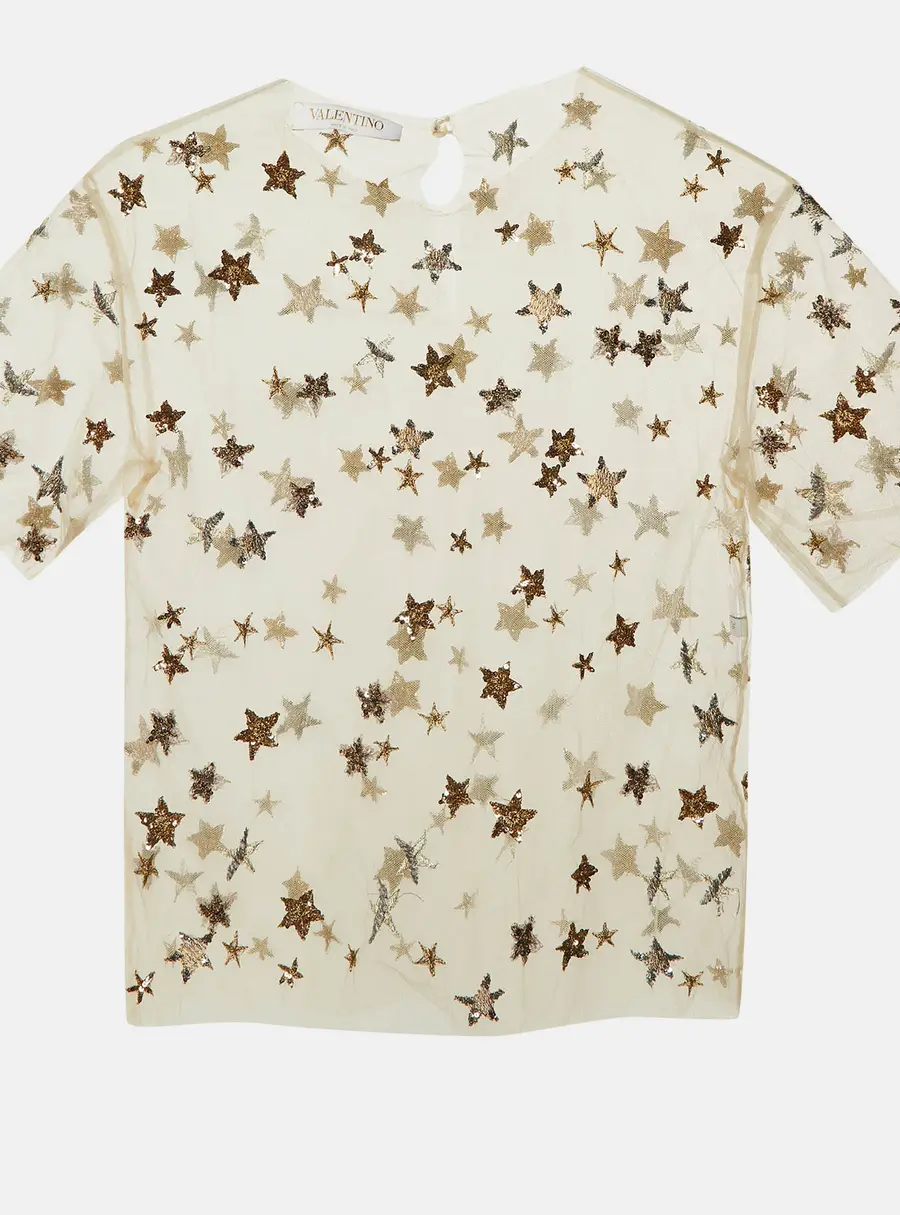 Valentino Beige Star Sequin Embellished Tulle Sheer Top XS