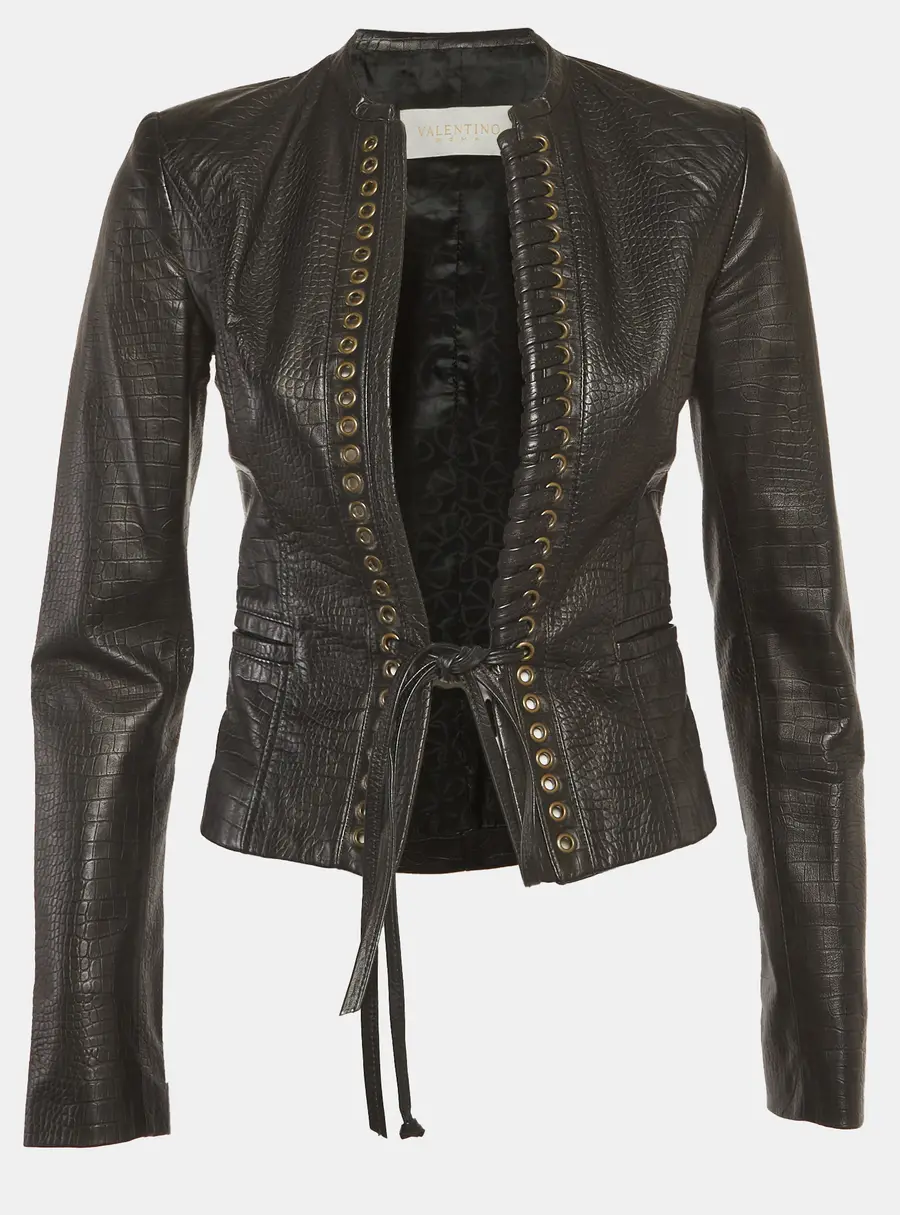 Valentino Black Textured Leather Lace-Up Jacket S
