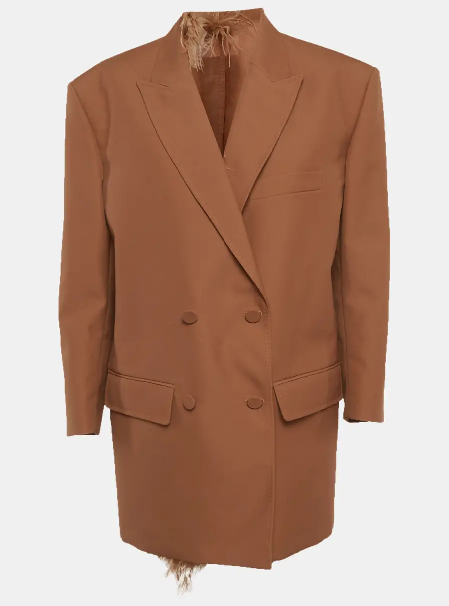 Valentino Brown Gabardine Feather Trim Double Breasted Blazer and Shorts Set