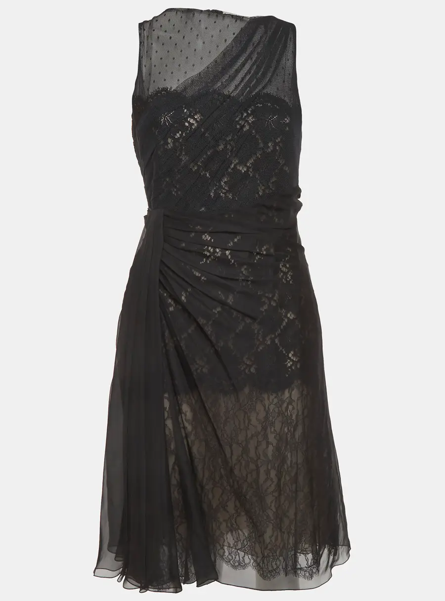 Valentino Black Lace and Chiffon Draped Midi Dress L