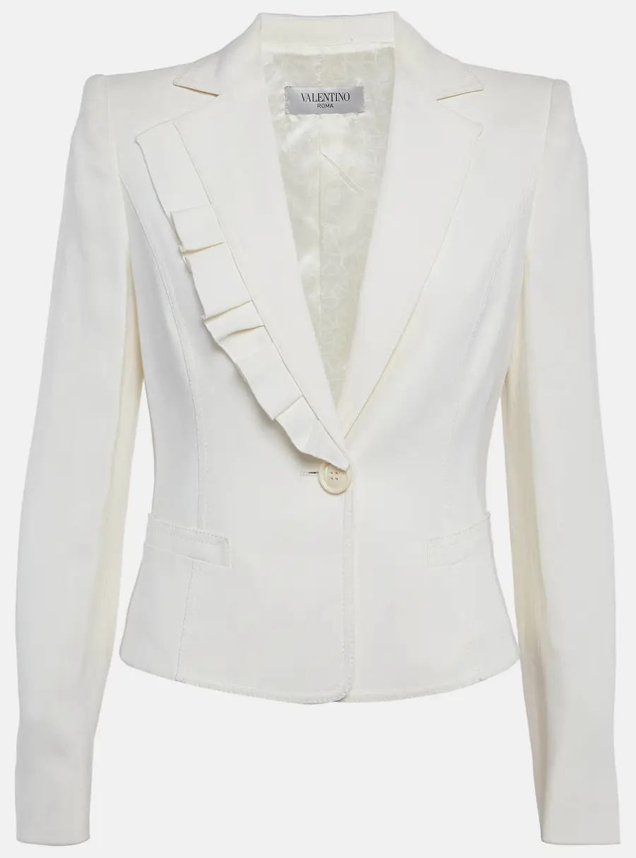 Valentino Off White Stretch Crepe Ruffle Cropped Blazer M