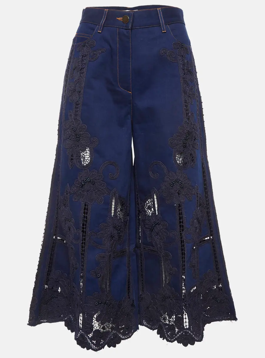 Valentino Navy Blue Embroidered Wide Leg Jeans S/Waist 28"