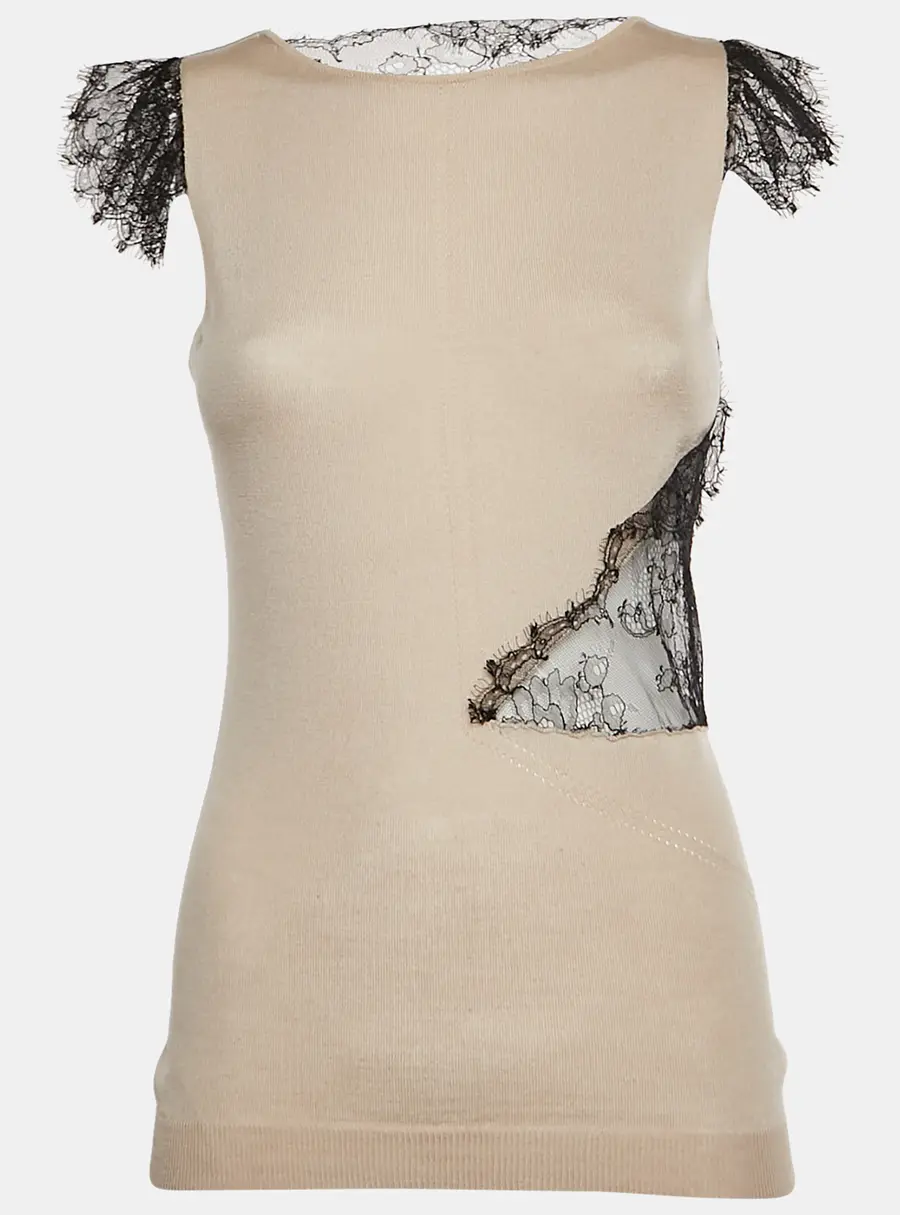 Valentino Beige Lace and Wool Blend Knit Tank Top M