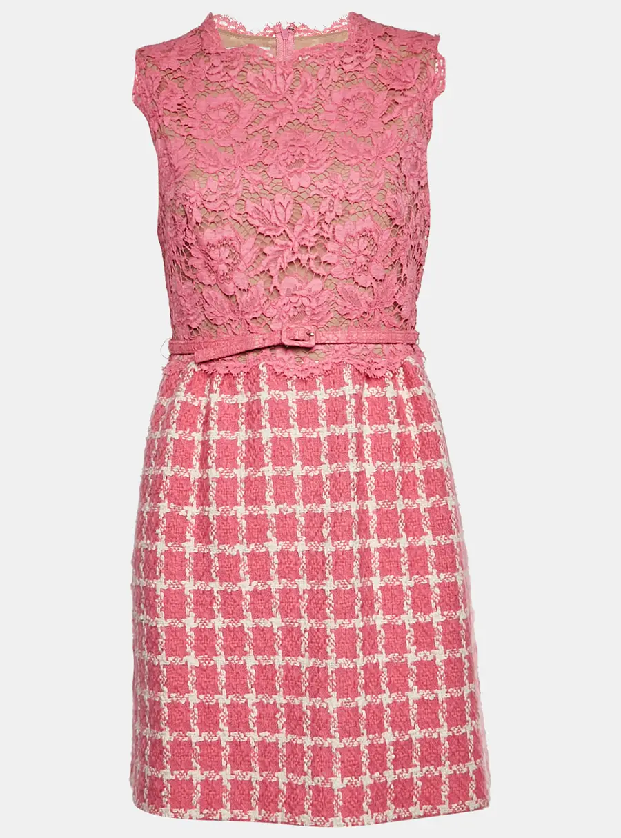 Valentino Pink Check Tweed and Guipure Lace Sleeveless Mini Dress M