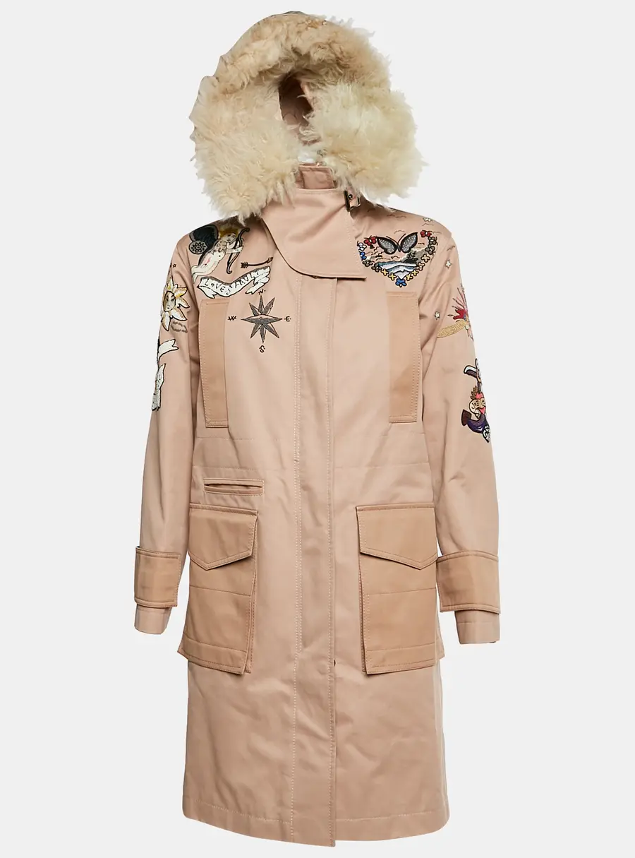 Valentino Pink Tattoo Bead Embroidered Cotton Gabardine Fur Trim Parka S