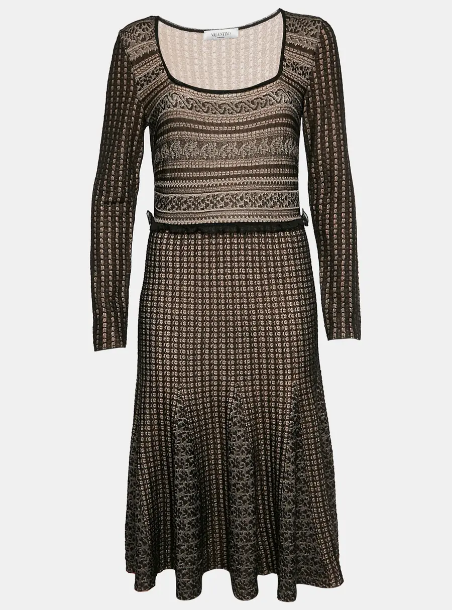 Valentino Black Crochet Knit Scoop Neck Midi Dress L