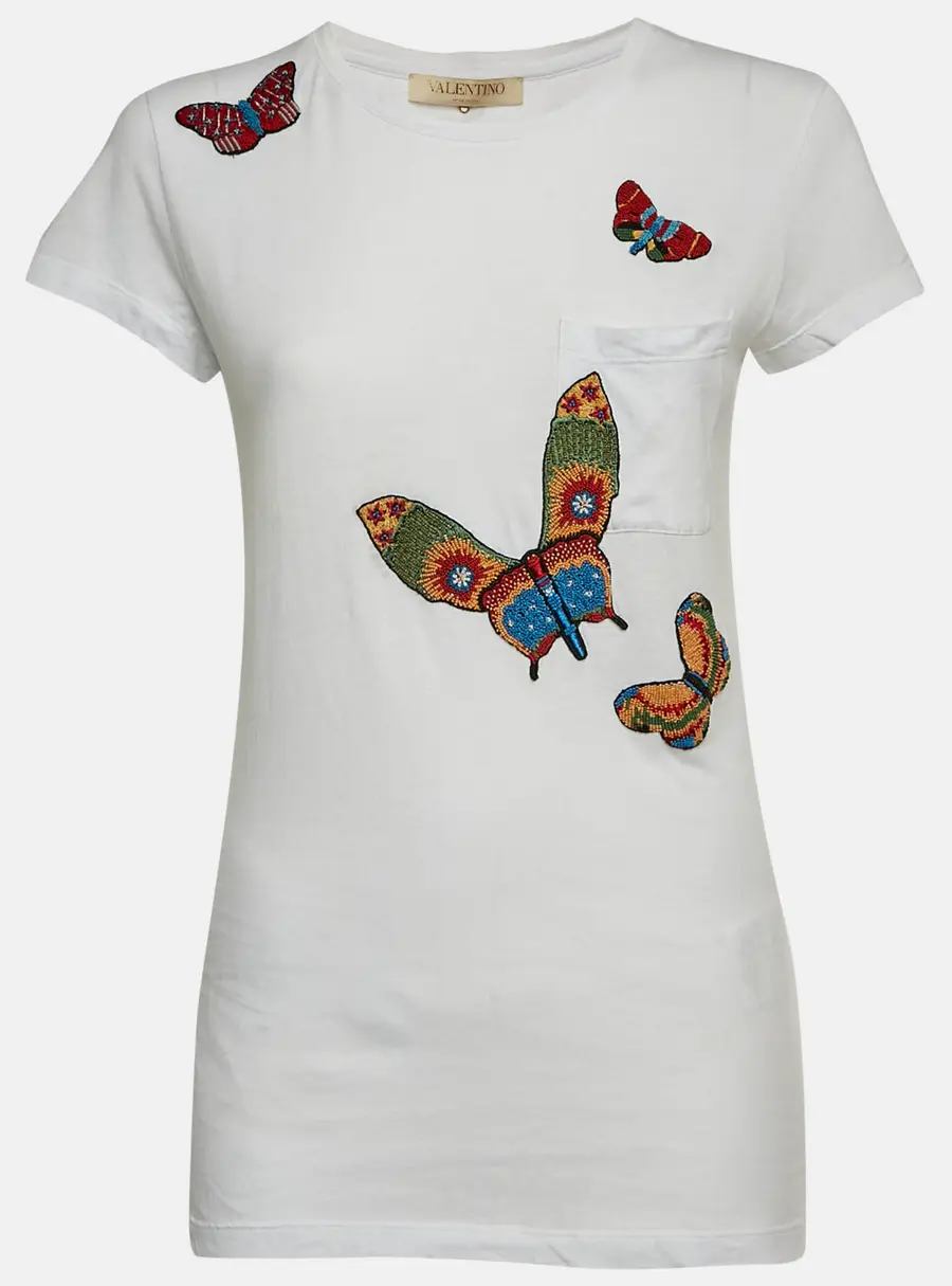 Valentino White Cotton Knit Butterfly Applique Crewneck T-Shirt XS
