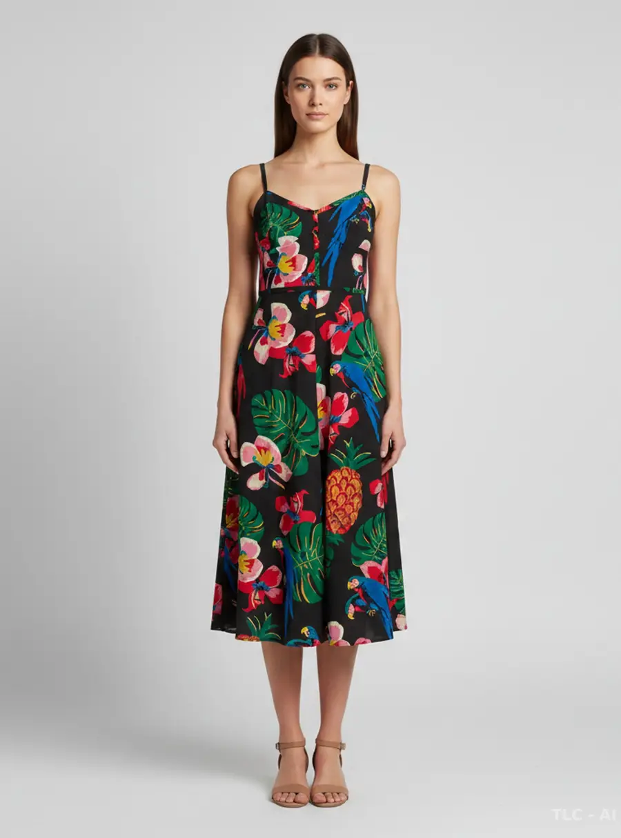 Valentino Black Tropical Dream Print Silk Crepe Midi Dress M