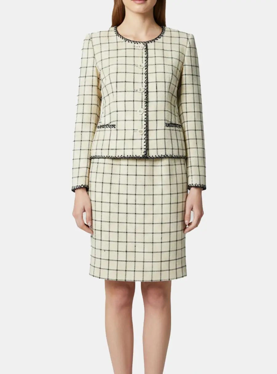 Valentino Miss V Beige Checked Silk Woven Blazer and Skirt Set M