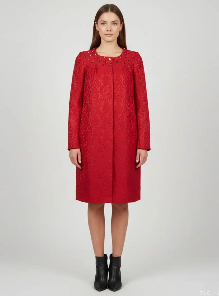 Valentino Red Crystal Embellished Wool Blend Jacquard Coat Dress S
