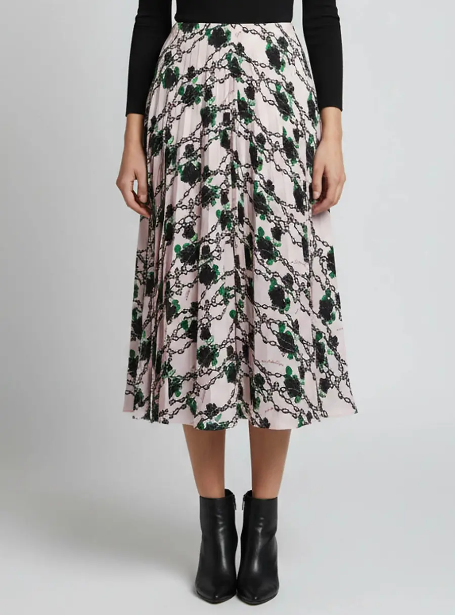Valentino x Undercover Pink Chain Rose Print Silk Pleated Midi Skirt S
