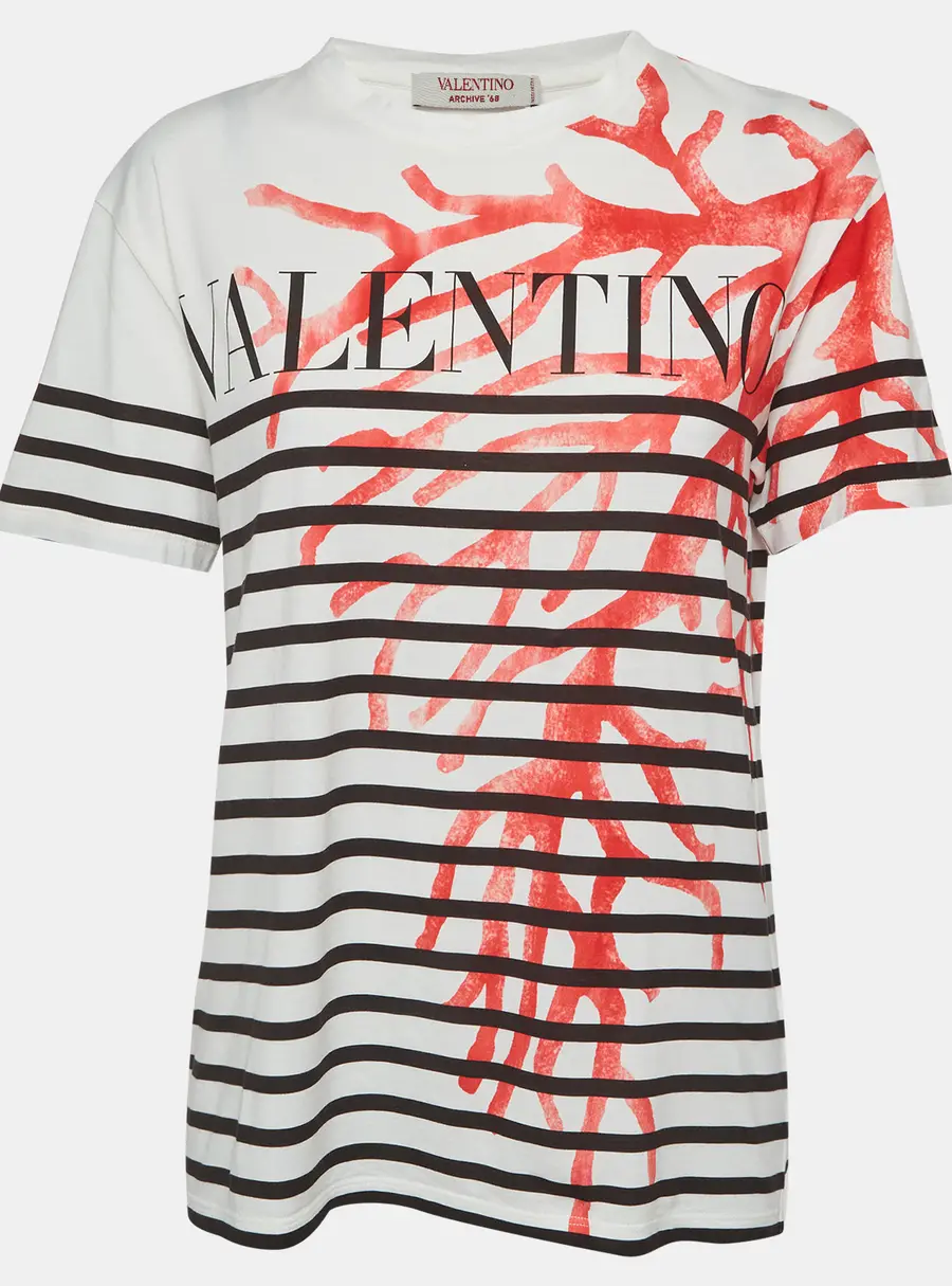 Valentino White Striped Coral Branch Print Jersey T-Shirt S