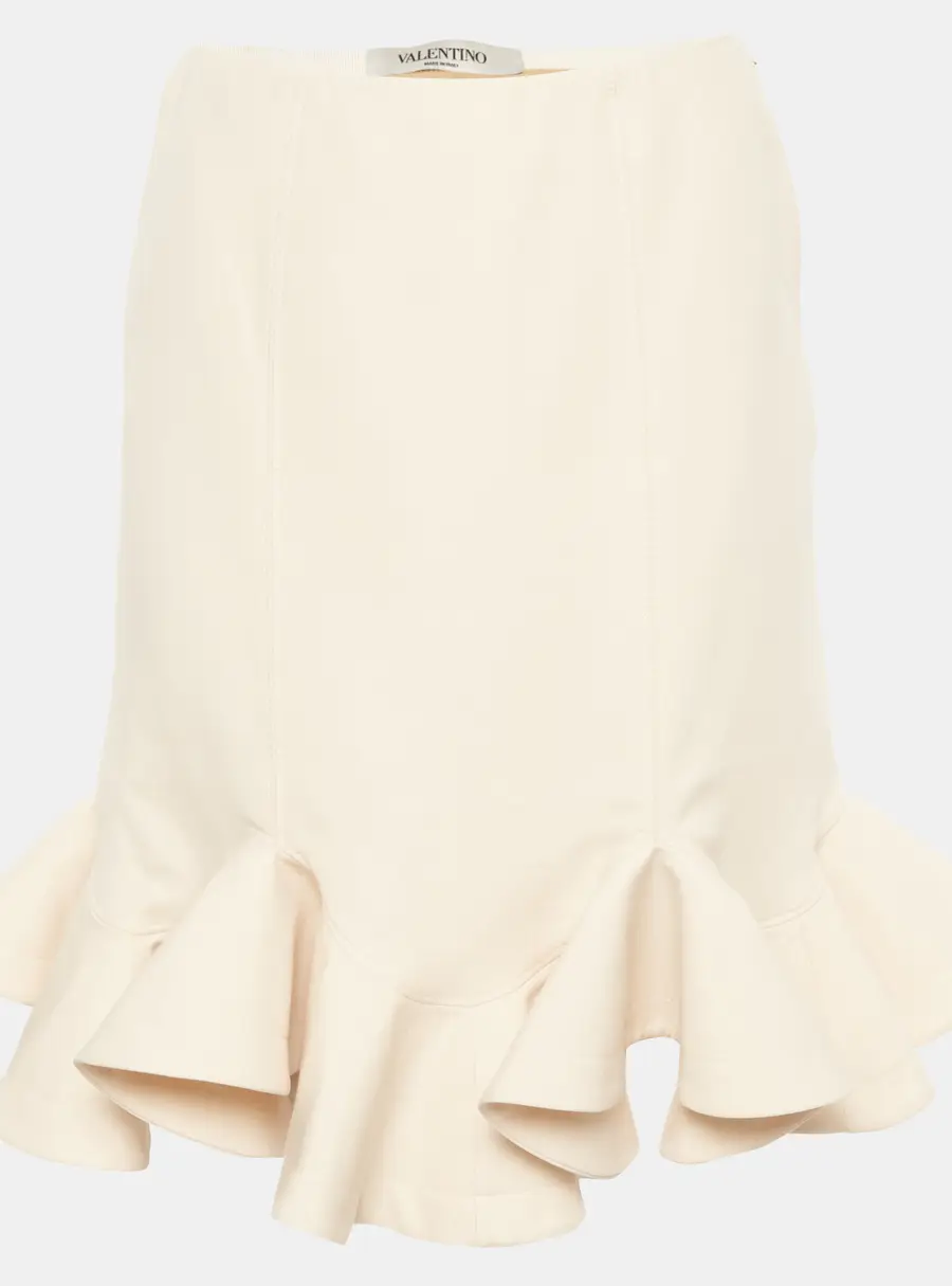 Valentino Cream Wool and Silk Blend Crepe Flounce Hem Skirt S