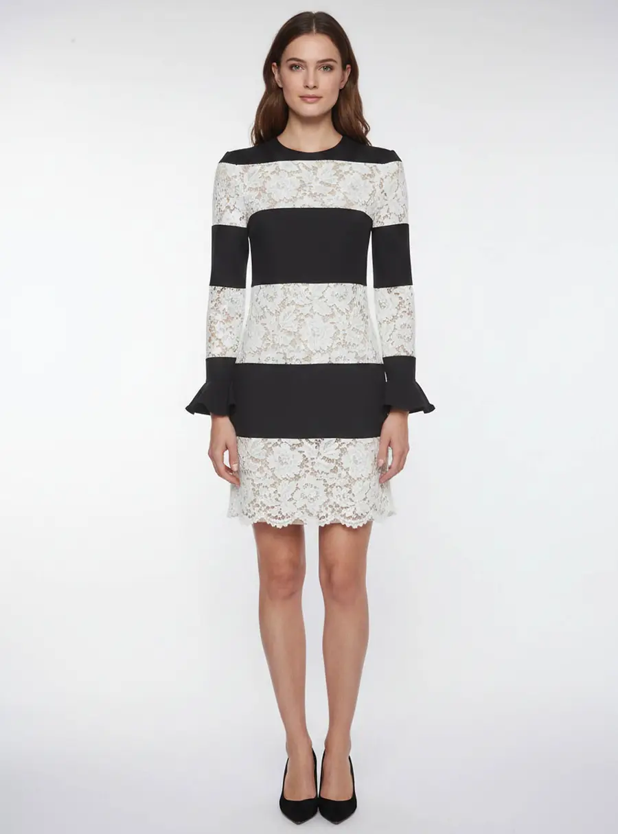 Valentino Black/Off White Crepe & Lace Stripe Long Sleeve Mini Dress S