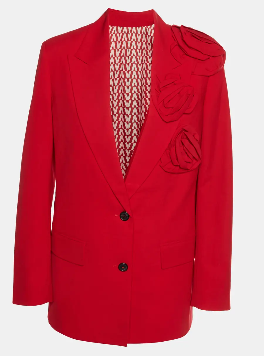 Valentino Red Floral Appliqu&eacute; Wool Blend Single Breasted Blazer S