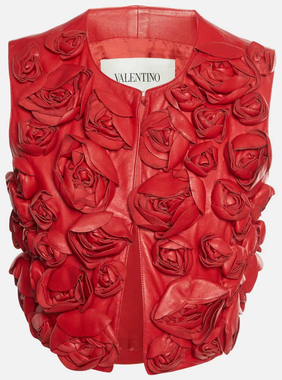 Valentino Red Leather Floral Applique Cropped Jacket M