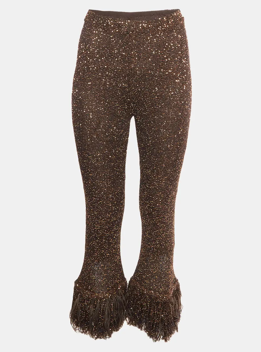 Valentino Garavani Brown Sequin Feather Trim Flared Pants XS