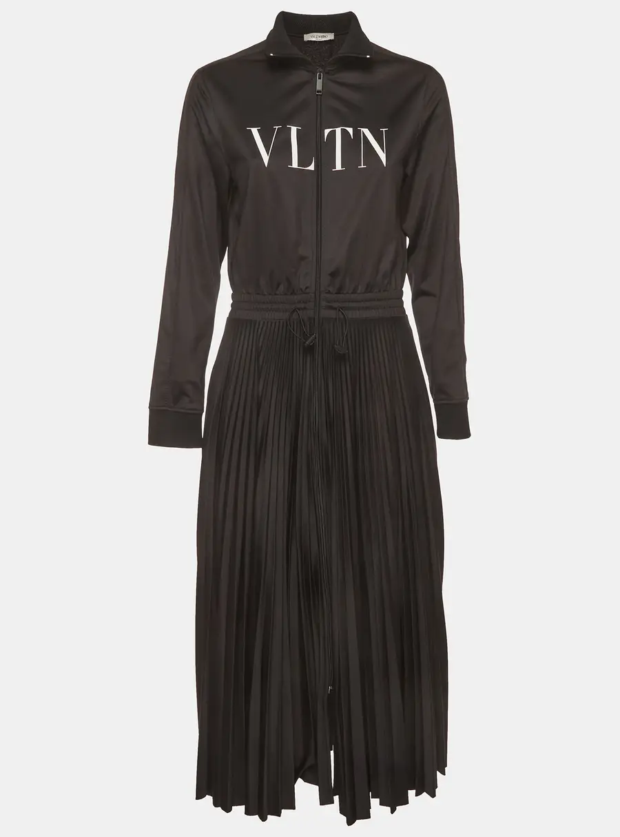 Valentino Black Printed Jersey And Plisse Turtleneck Midi Dress L