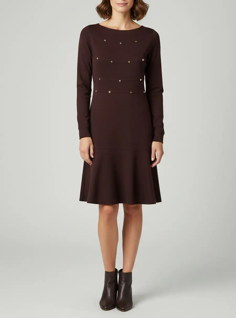Valentino Brown Crepe Rock Stud Detail Long Sleeve Mini Dress L