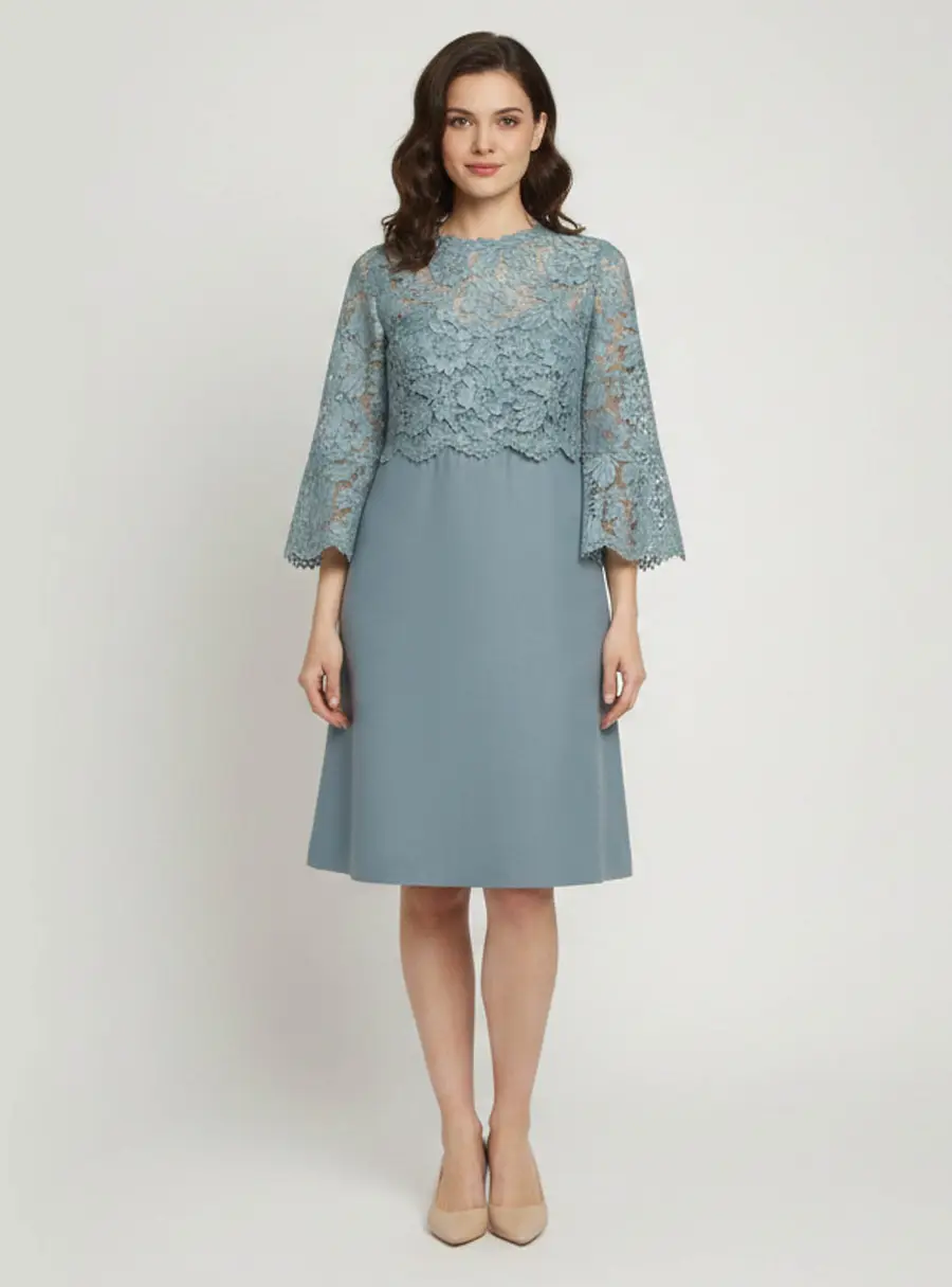 Valentino Blue Lace and Crepe Long Sleeve Short Dress M