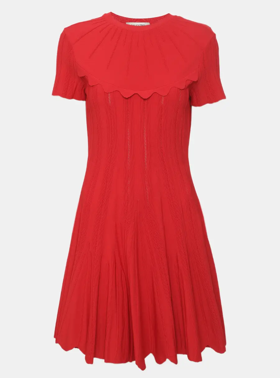 Valentino Red Stretch Knit Scalloped Mini Dress M