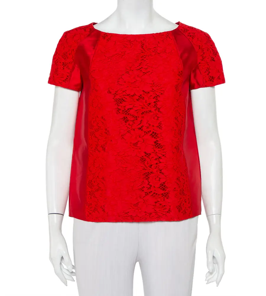 Valentino Red Silk & Lace Paneled Oversized Top S