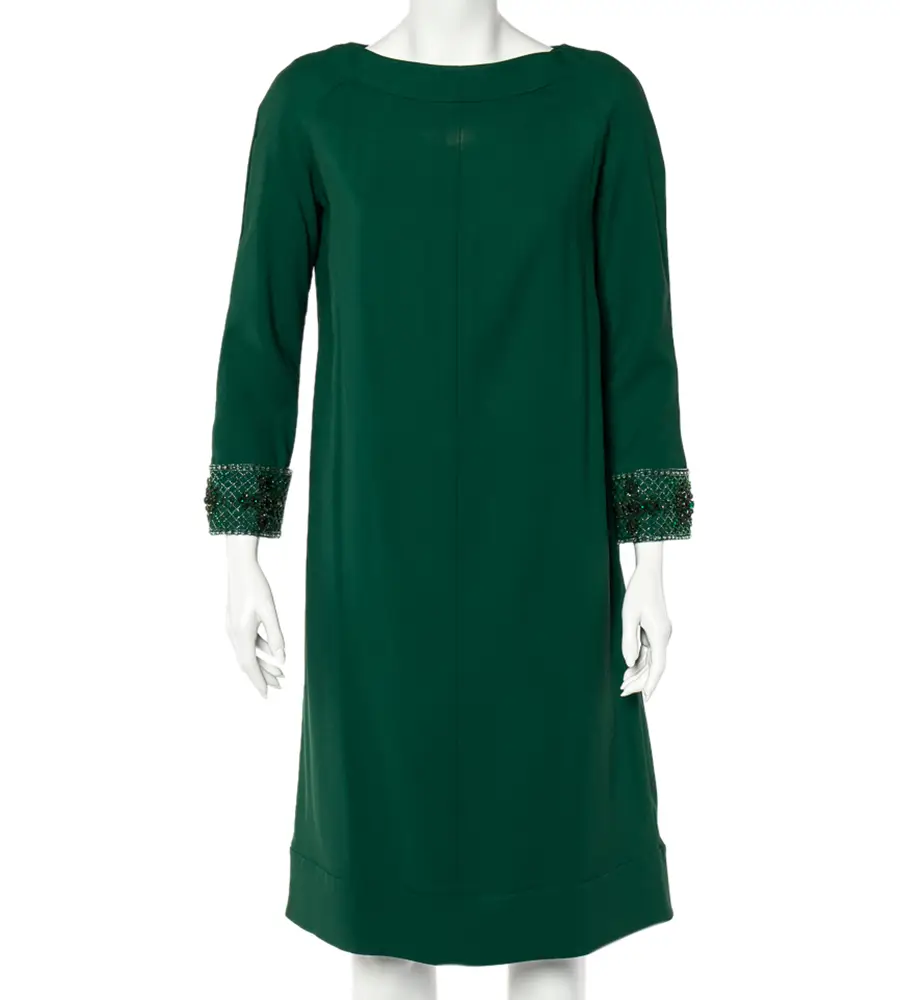 Valentino Green Crepe Embellished Sleeve Cape Detail Shift Dress M