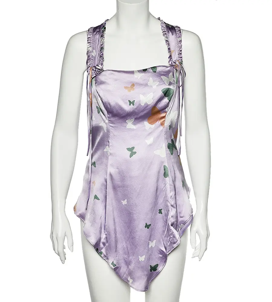Valentino Lilac Butterfly Printed Silk Satin Asymmetric Hem Camisole M