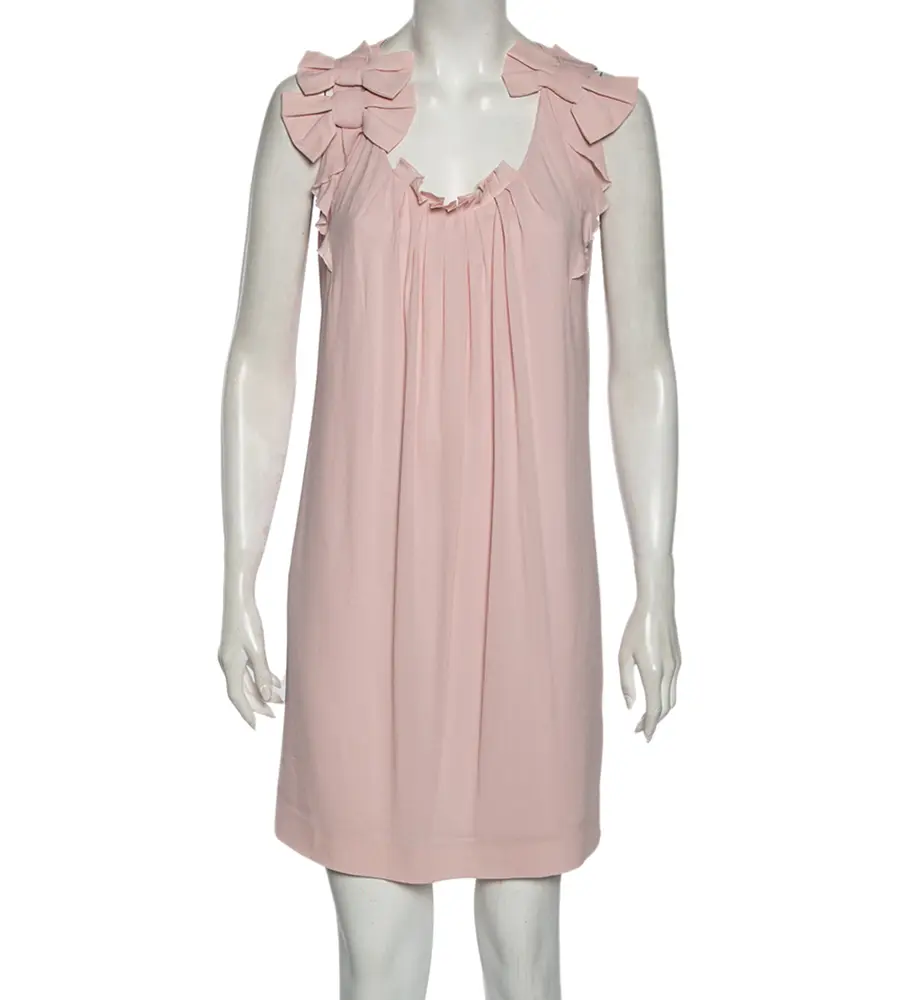 Valentino Pink Chiffon Bow Applique Pleated Yolk Detailed Shift Dress M