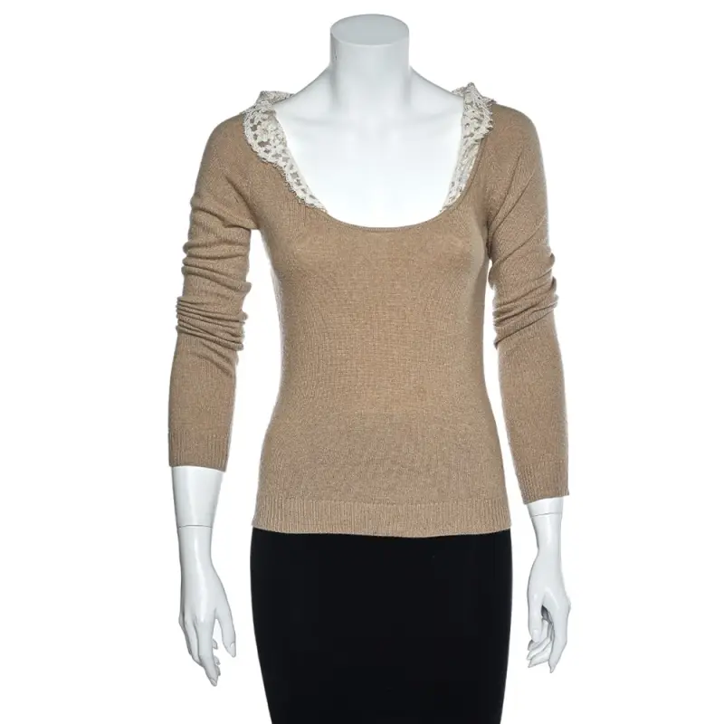 Valentino Vintage Beige Wool & Cashmere Lace Trim Detail Top S